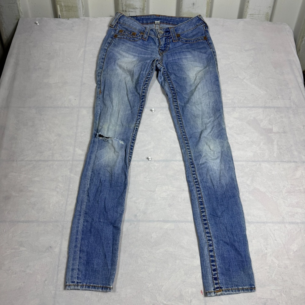 True Religion Womens Skinny Jeans Blue Denim Distressed 5-Pocket Whisker Size 26